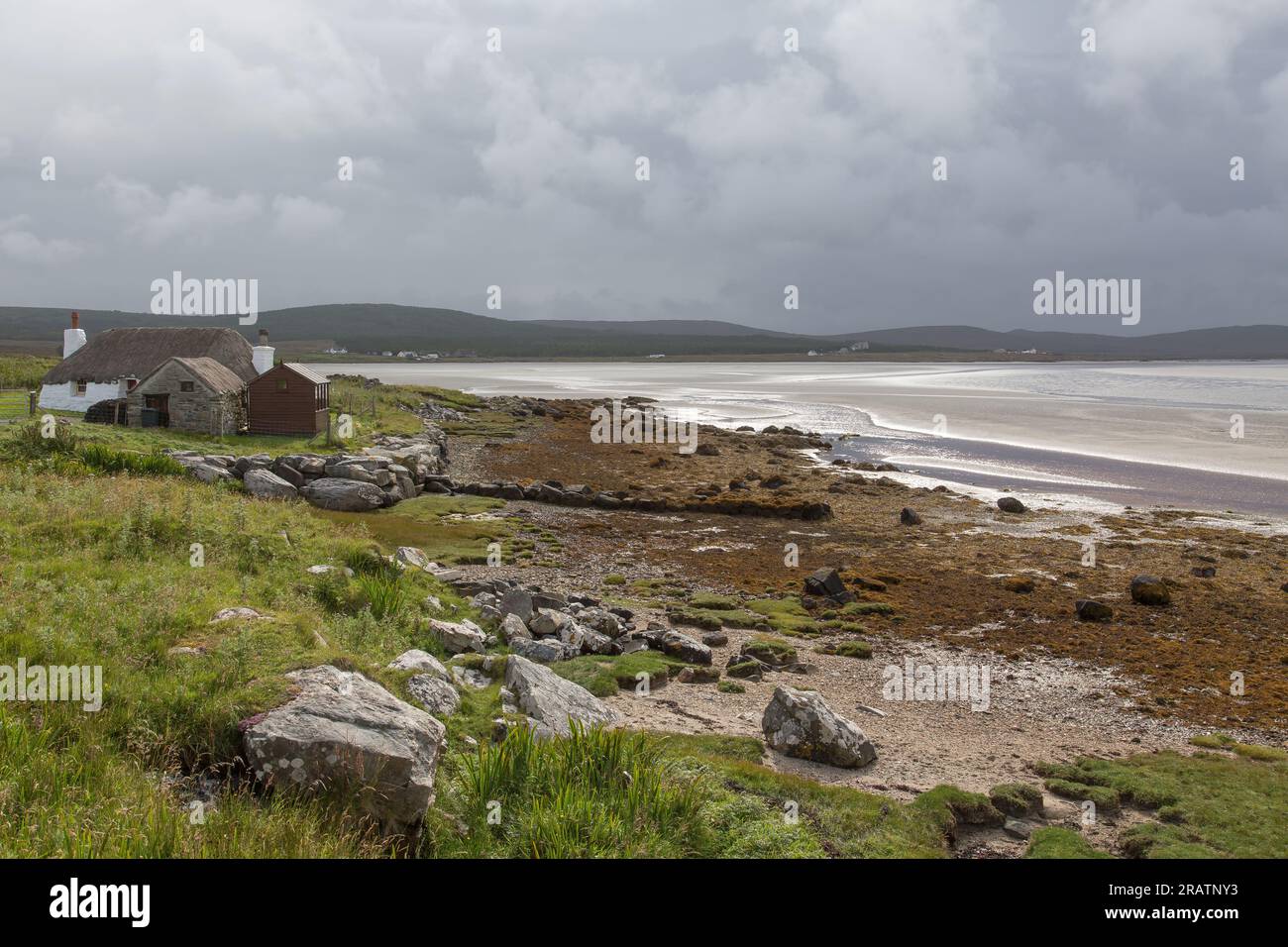Clachan Sands oder Tràigh Hornais Panorama, Uist, North Uist, Hebriden, Äußere Hebriden, Westliche Inseln, Schottland, Vereinigtes Königreich, Großbritannien Stockfoto