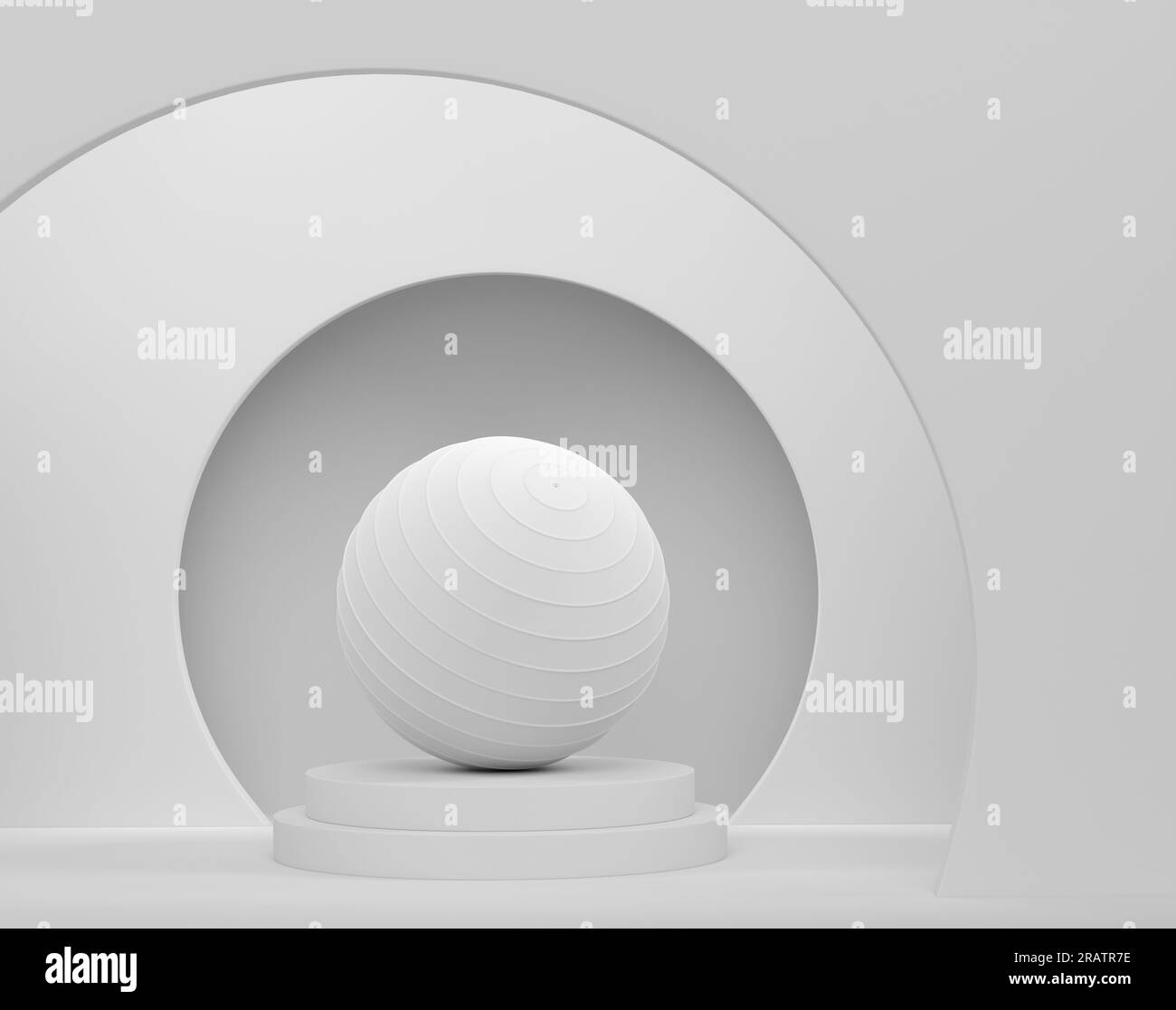 Fitnessball oder Fitnessball auf Zylinderpodium mit Stufen auf einfarbigem Hintergrund. 3D-Rendering von Displayprodukten wie Sportzubehör für Teamspiele Stockfoto