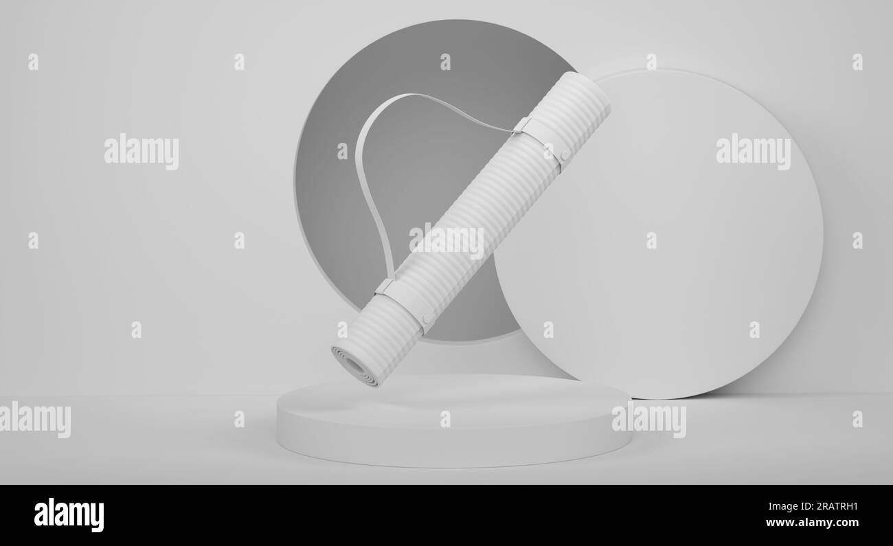 Yoga-Matte oder leichtes Campingbett-Rollkissen auf Zylinderpodium mit Stufen auf einfarbigem Hintergrund. 3D-Rendering eines Displayprodukts wie Sportaktion Stockfoto