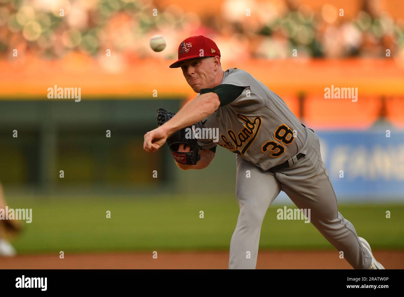 DETROIT, MI - JULY 04: Oakland Athletics SP JP Sears (38) in action during the game between Oakland Athletics and Detroit Tigers on July 4, 2023 at Comerica Park in Detroit, MI (Photo by Allan Dranberg/Icon Sportswire) (Icon Sportswire via AP Images) Stockfoto