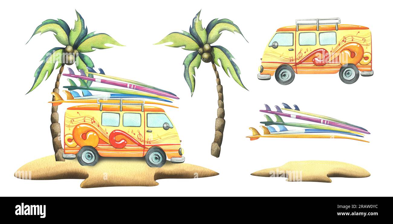 Ein gelber Van mit Surfbrettern auf dem Dach läuft entlang einer sandigen Insel mit einem Kokosnussbaum. Aquarell, handgezeichnet. Isolierte Elemente Stockfoto