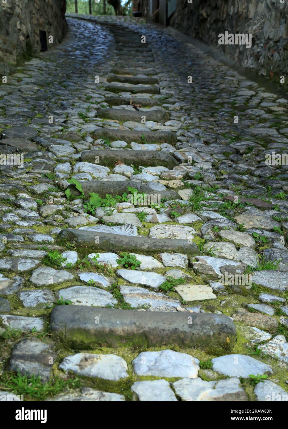 Iseo-See, mittelalterliche Kopfsteinpflasterstraße mit Treppen in Siviano. Lago d'Iseo, Iseosee, Italien. Monte Isola Stockfoto