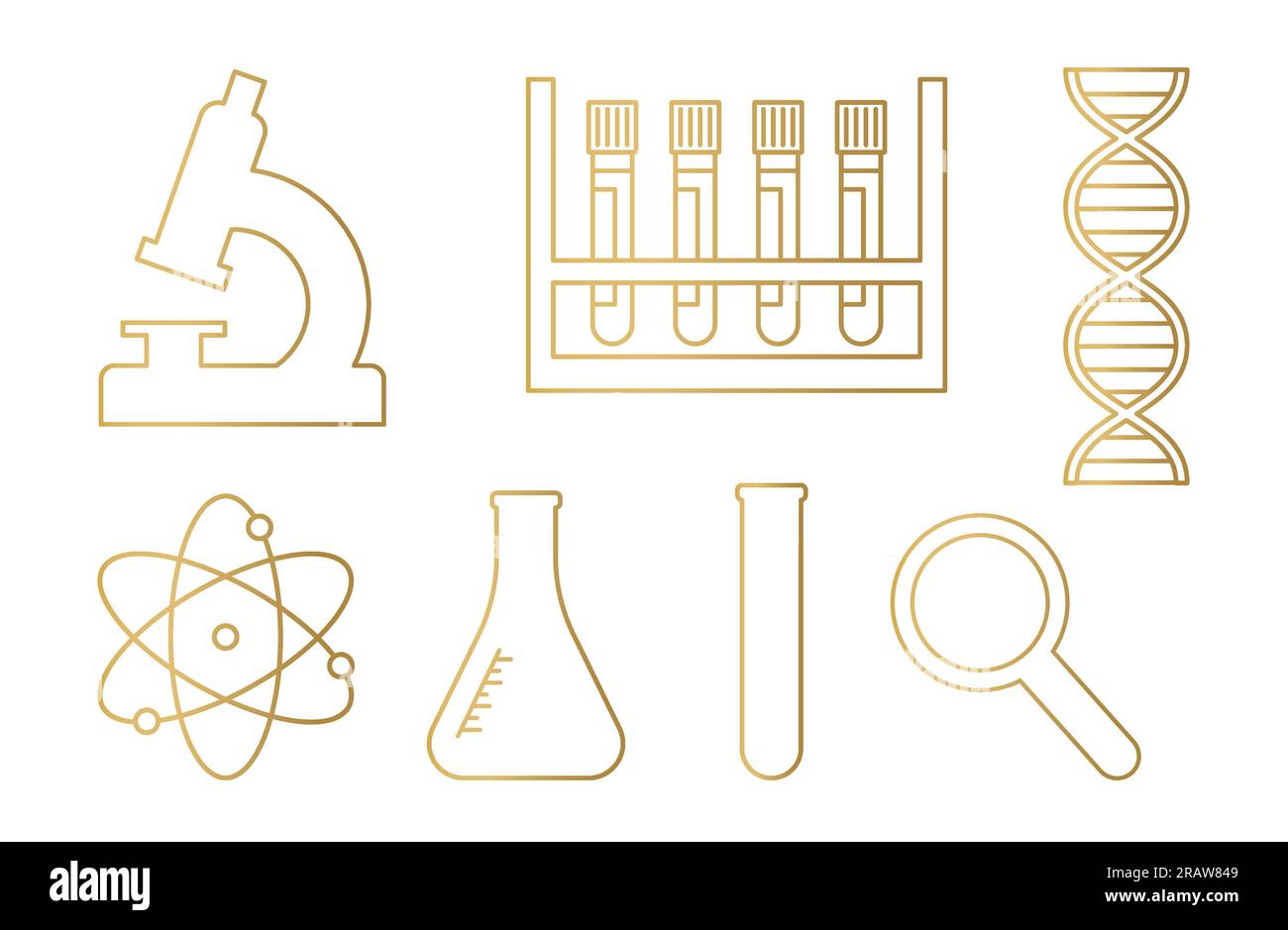 Satz goldener wissenschaftlicher Symbole: Mikroskop, Laborteströhrchen, DNA, Atom und Lupenvektordarstellung Stock Vektor