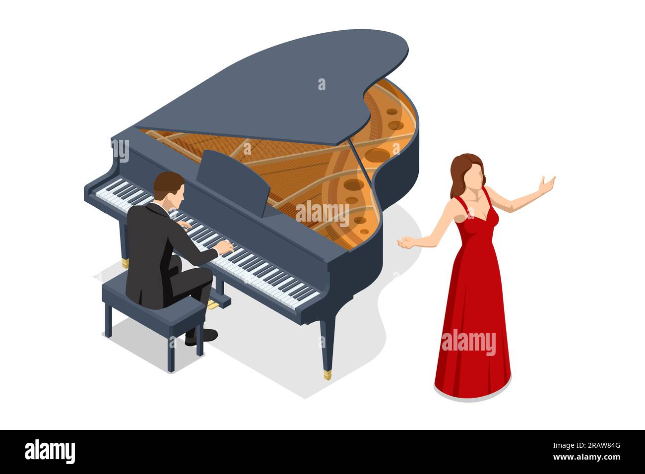 Der isometrische Klavierspieler spielt das große Klavier, und als Nächstes steht eine wunderschöne Opernsängerin Stock Vektor Der isometrische Klavierspieler spielt das große Klavier, und als Nächstes steht eine wunderschöne Opernsängerin Stock Vektor
