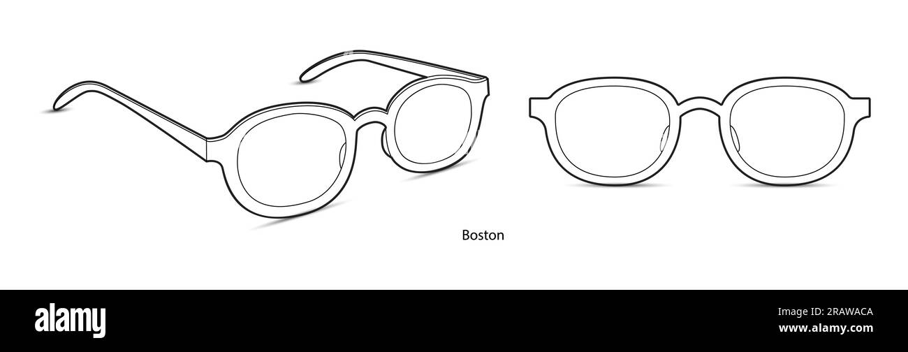 Boston Rahmen Brille Modeaccessoire Illustration. Sonnenbrille vorne und 3-4-Ansicht für Herren, Damen, Unisex-Silhouette, Brille mit flachem Rand Brille mit Linsenzeichnung isoliert auf weiß Stock Vektor