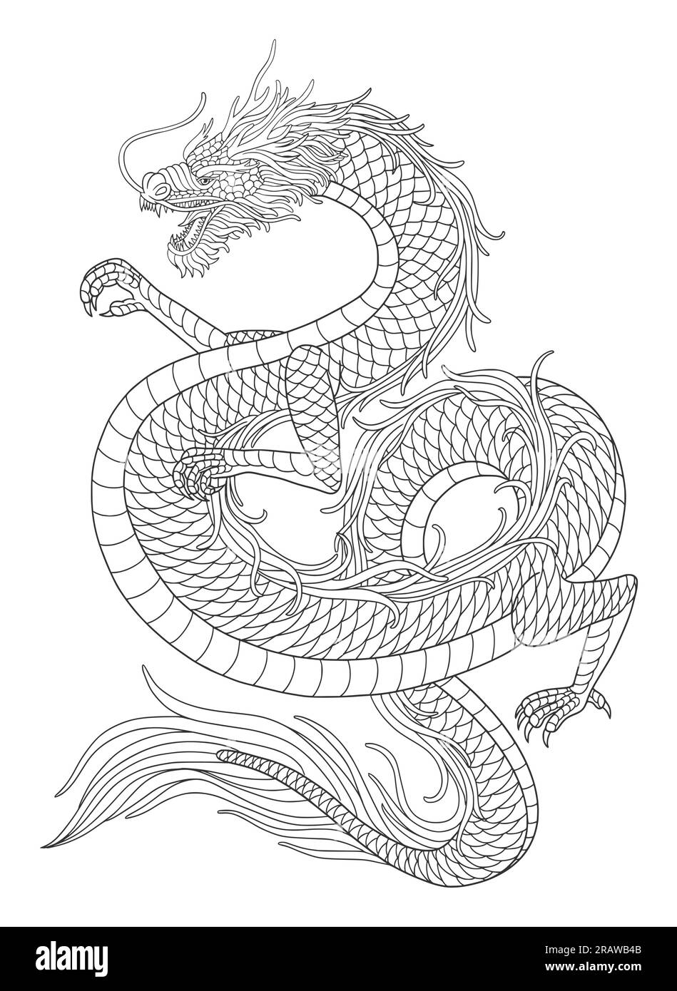 Linienkunst des japanischen Drachen isoliert auf weißem Hintergrund. vektordarstellung Stock Vektor