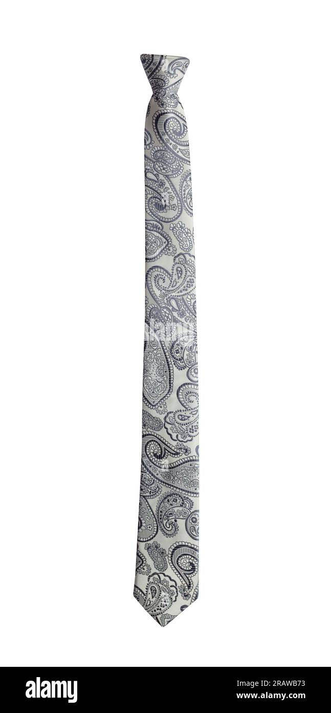 Lange silberne Paisley-Krawatte, ausgeschnitten auf Weiß. Stockfoto