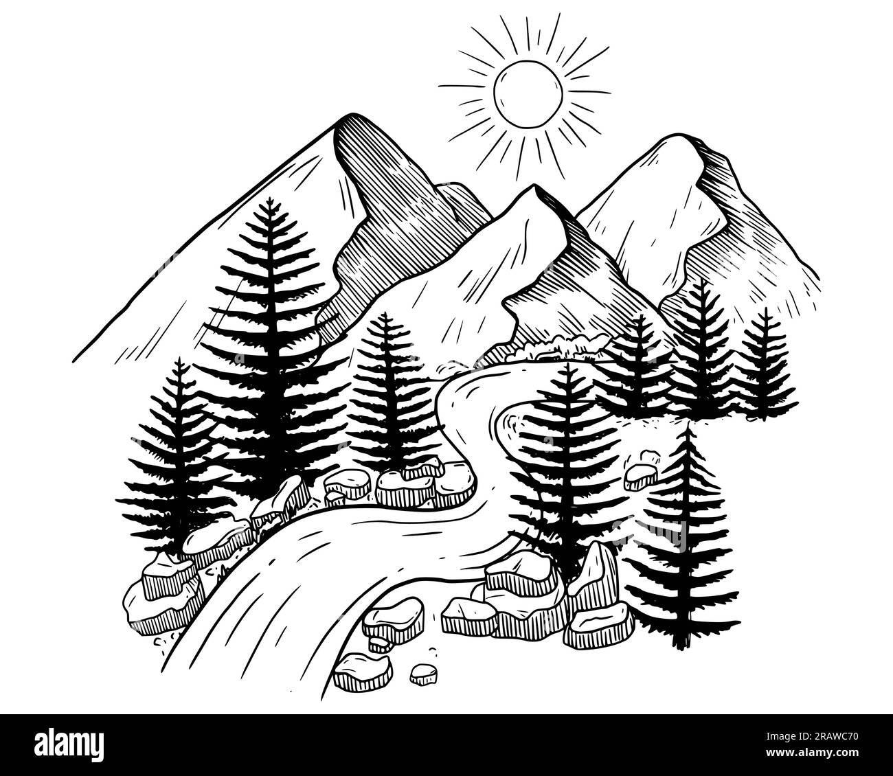 Berglandschaft mit Tannen, Fluss und Steinen. Darstellung des Skizzenvektors Stock Vektor