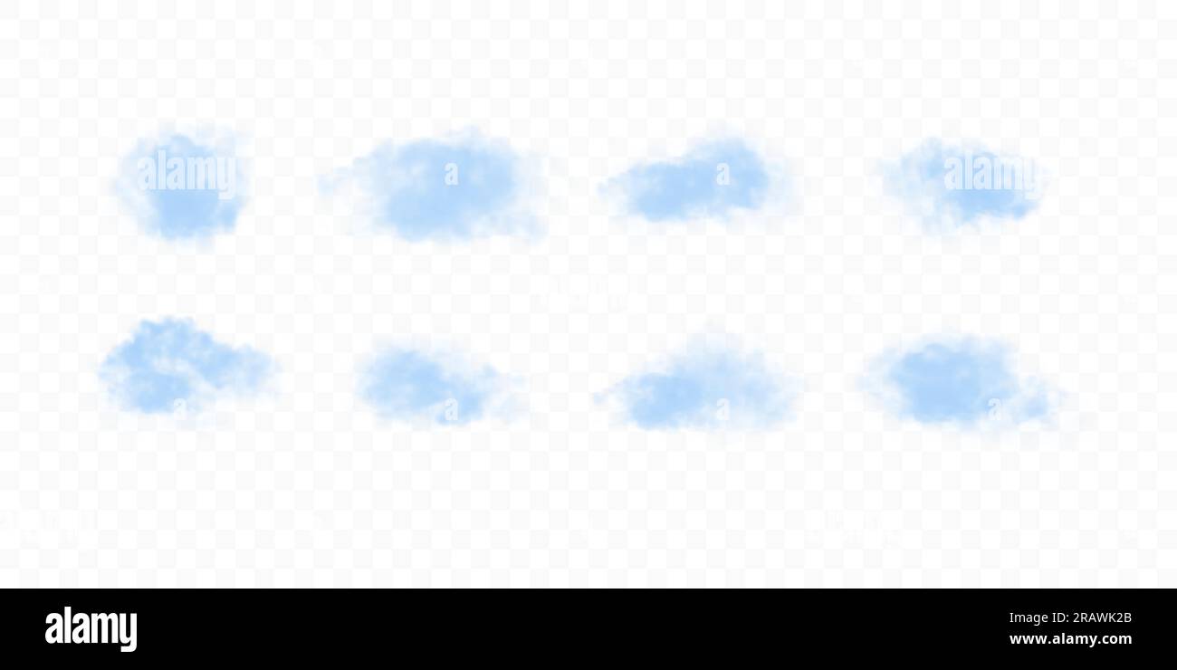 Satz blauer glatter Wolken, isoliert auf transparentem Hintergrund. Vektorrealistische Symbole für fliegenden Smog oder Nebel Stock Vektor