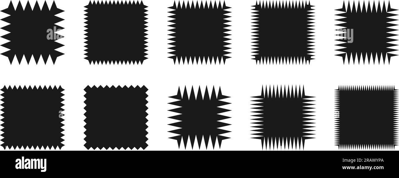 Vierkantform-Set mit Zickzackrand. Sammlung gezackter Elemente. Grafische Designelemente für Dekoration, Banner, Poster, Vorlage, Aufkleber, Dienstmarke. Vektor Stock Vektor