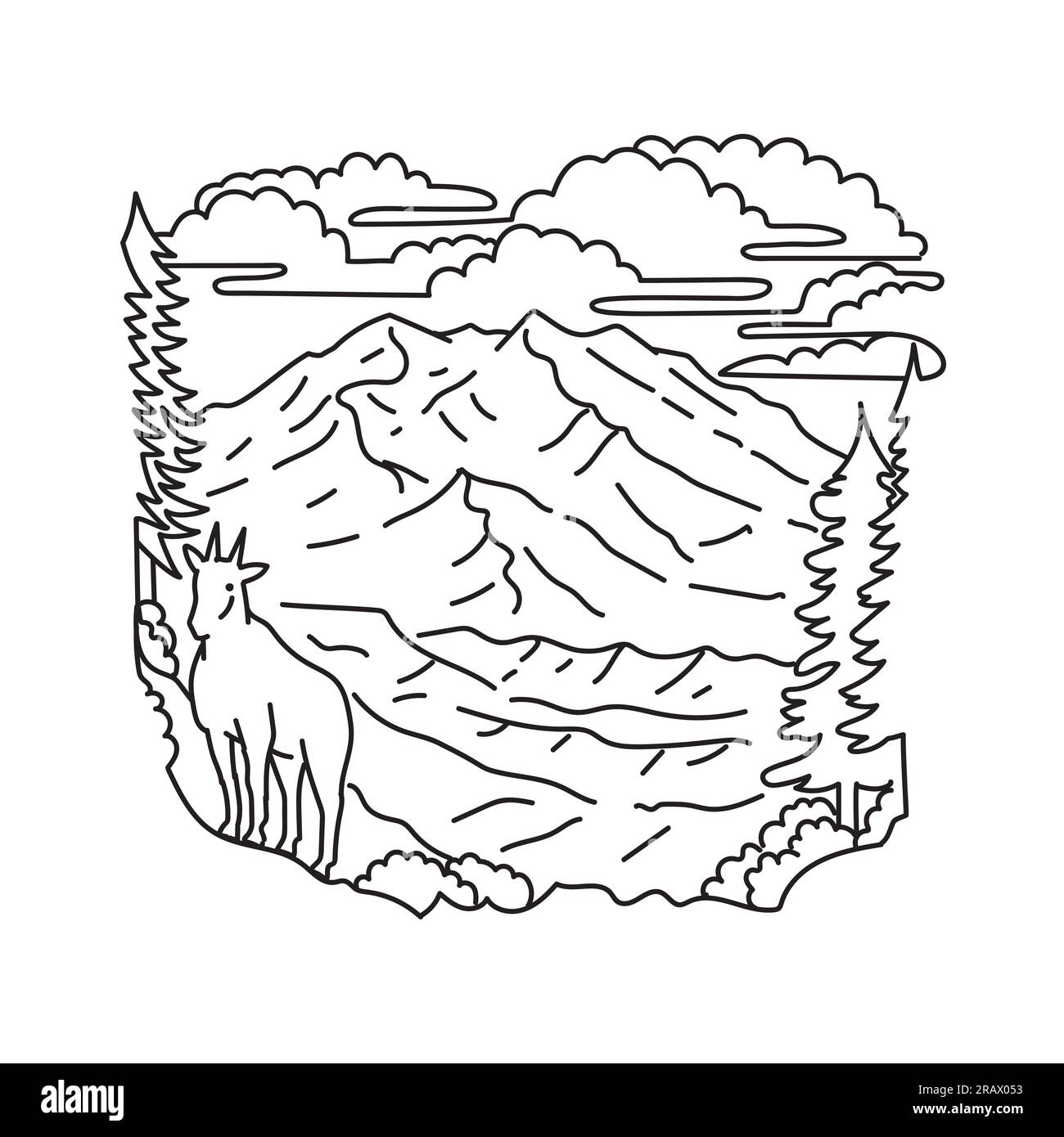 Mono-Line-Darstellung von Bergziegen im Denali-Nationalpark und Naturschutzgebiet, früher bekannt als Mount McKinley-Nationalpark Alaska im Vereinigten Staaten Stockfoto