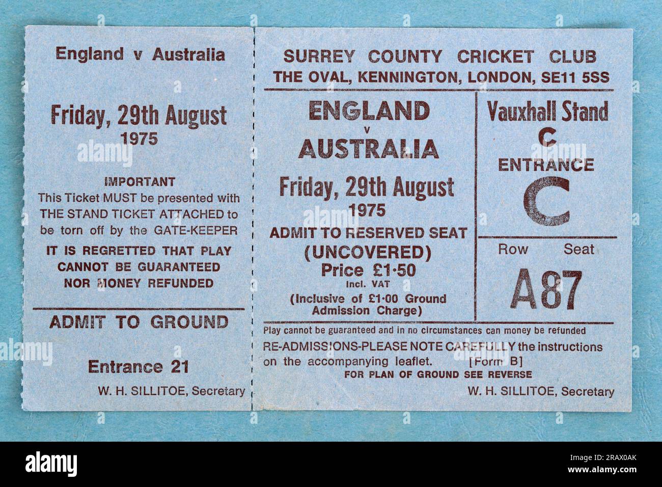 Foto einer Eintrittskarte für das Testspiel 1975, „England gegen Australien“, im Oval, Kennington, London, England Stockfoto