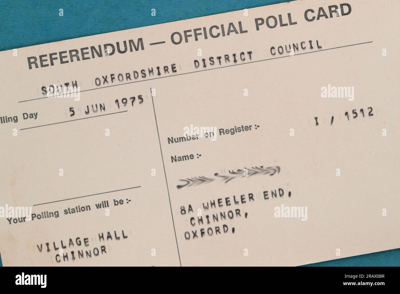 Referendum Polling Card, 1975 – als das Vereinigte Königreich für den Verbleib im europäischen Gemeinsamen Markt stimmte, nachdem es ein paar Jahre zuvor auf Testbasis beigetreten war Stockfoto