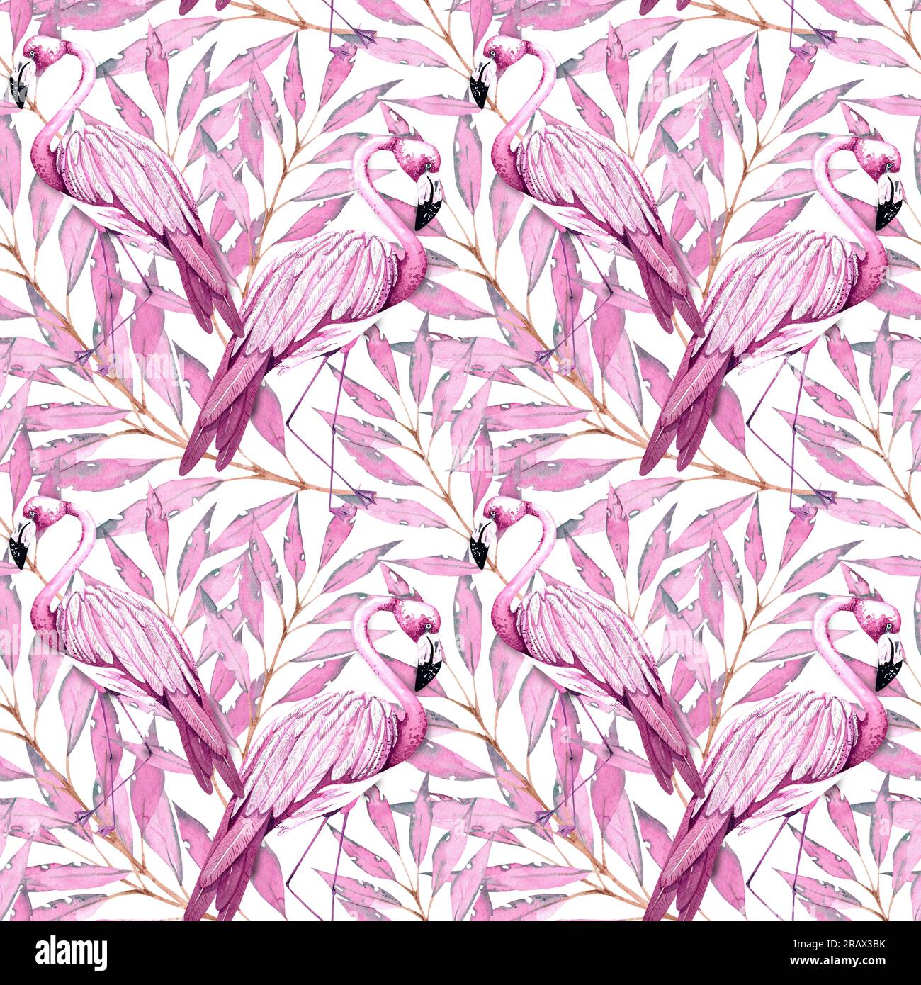 Flamingo-Muster. Wasserfarbenes tropisches Muster von Flamingos auf weißem Hintergrund. Muster für das Design von Verpackungen, Karten, Einladungen, Fabr Stockfoto