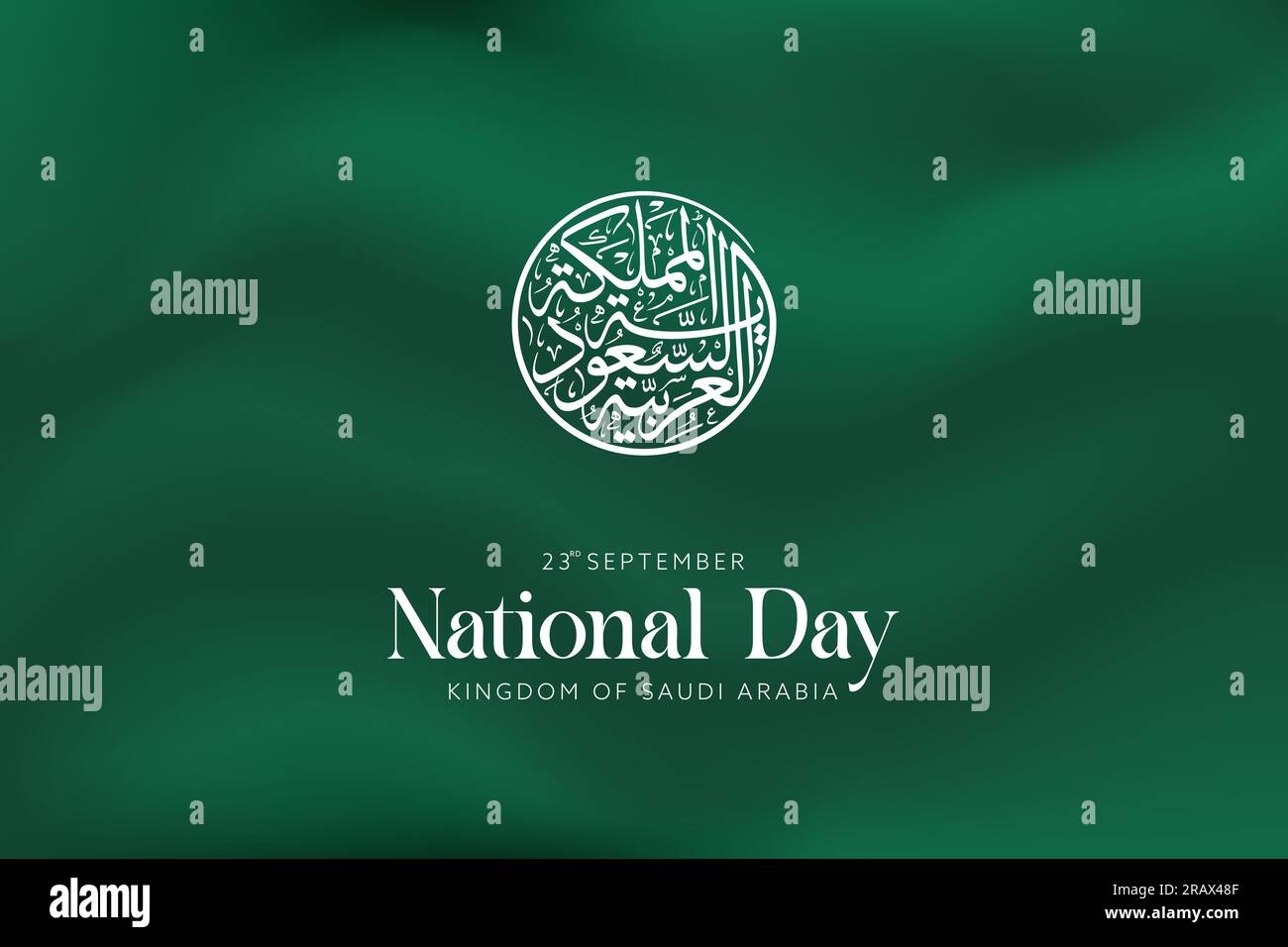 Kunst zum Nationaltag mit dem Königreich Saudi-Arabien in runder arabischer Kalligraphie auf Flaggen-grünem Hintergrund und Text für September 23 unten Stock Vektor