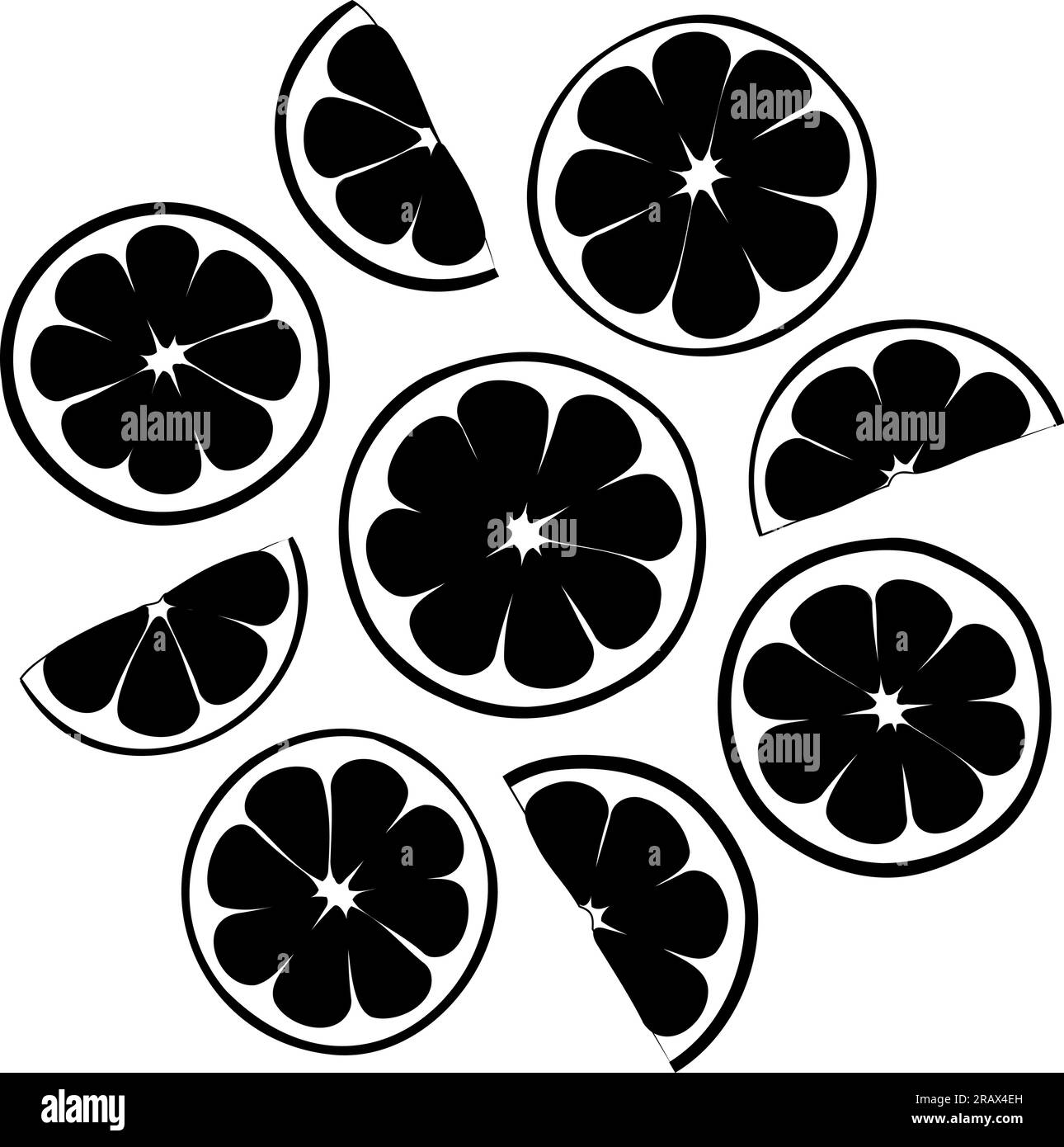 Vektorform frischer Zitronenscheiben. Vektordarstellung frischer Zitrusschnitte von neun Zitronenstücken. Bild: Sommerobstsalat mit Zitronenscheiben Stock Vektor