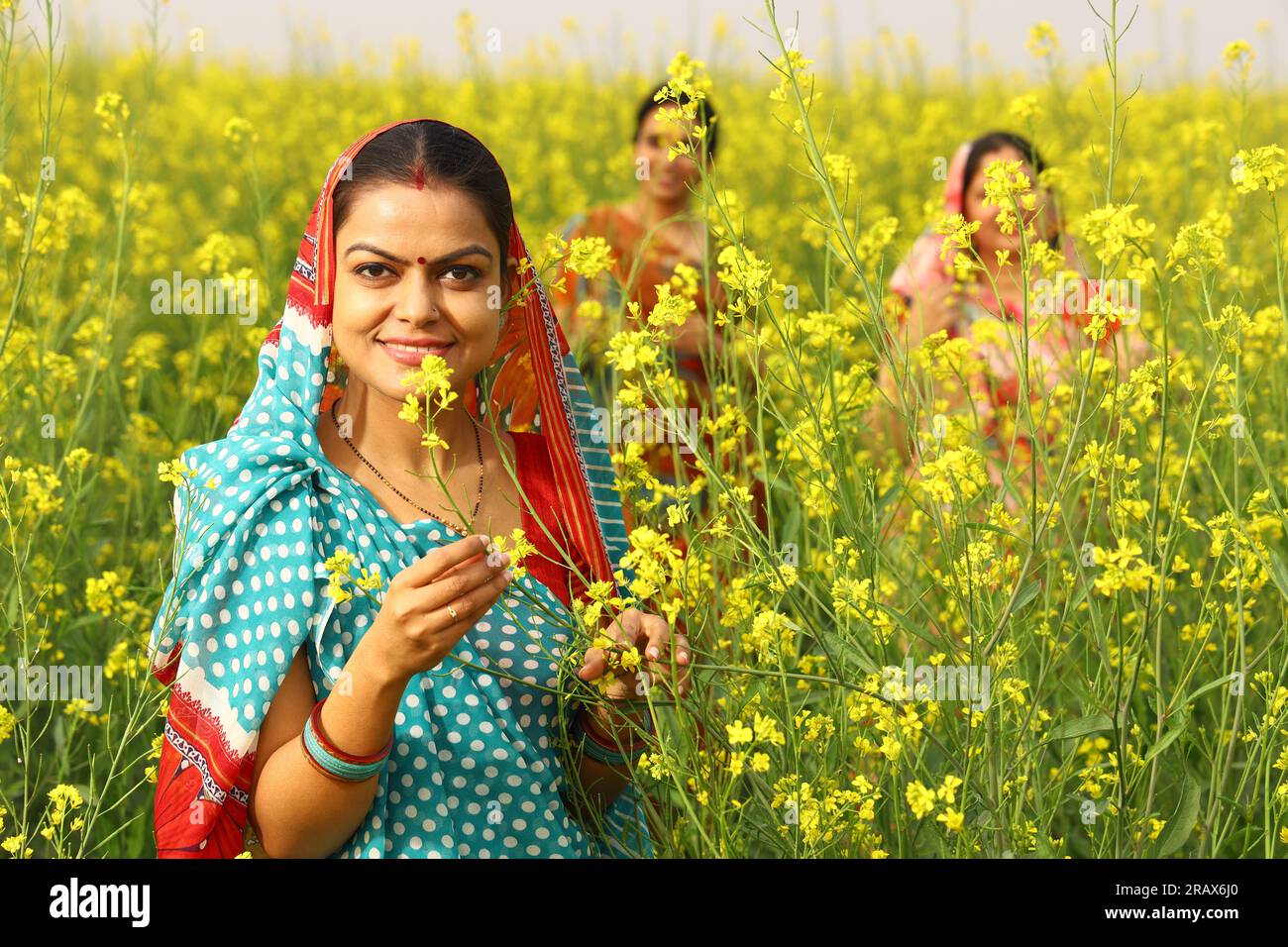 Glückliche indische Landfrauen, die auf einem Senffeld stehen und die Vorteile des Senflandwirtschaftsfeldes genießen. Stockfoto