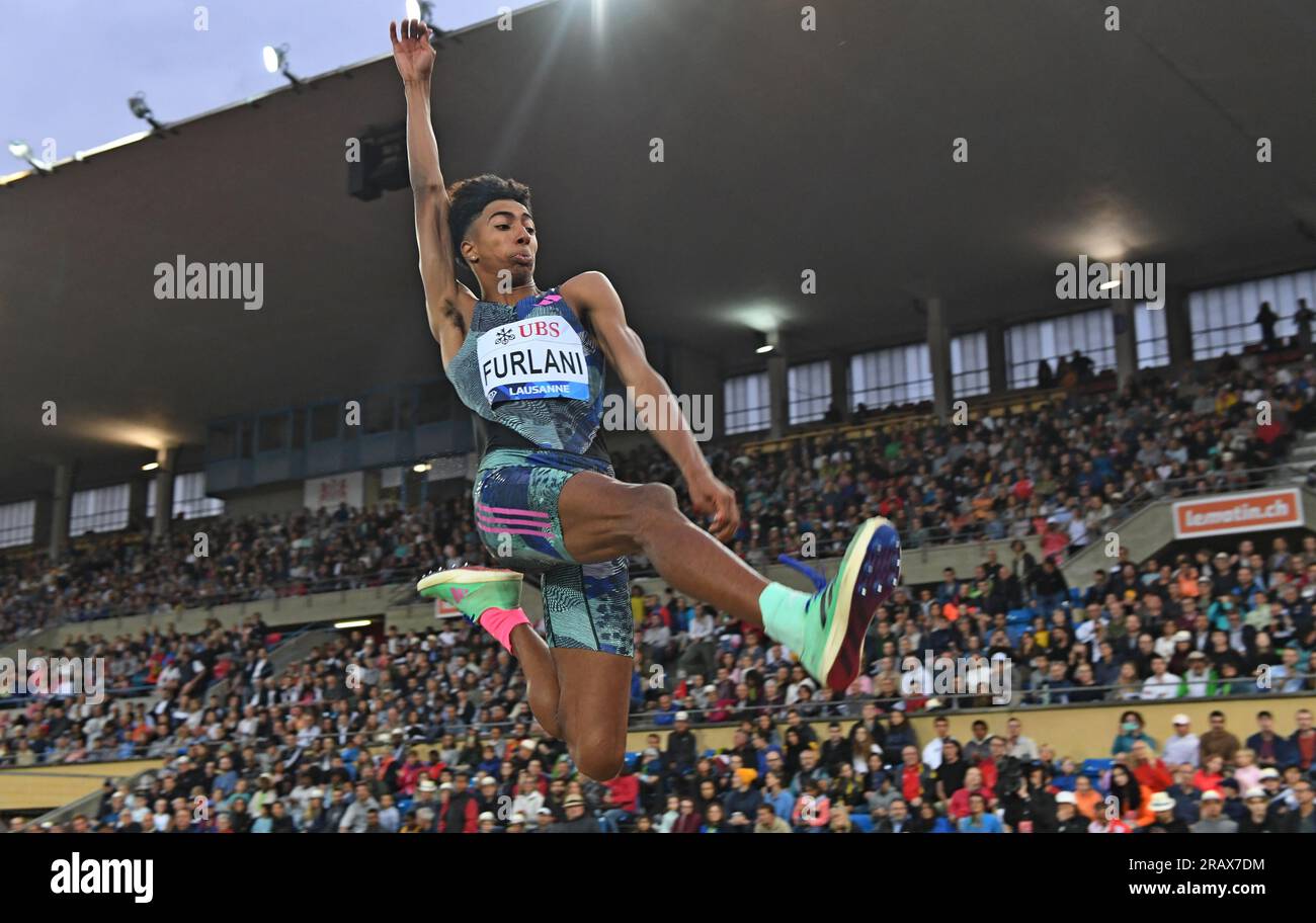 Mattia Furlani (ITA) belegt bei Athletiissima am Freitag, den 30. Juni 2023 in Lausanne mit 25-4 1/2 (7,73 m) den neunten Platz im Weitsprung. Schweiz. (Jiro Mochizuki/Bild des Sports) Stockfoto