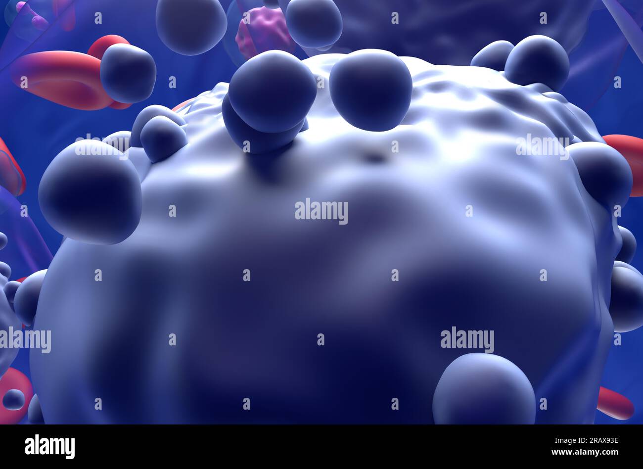 Zellen der akuten myeloischen Leukämie (AML) im Blutfluss - zusätzliche Nahaufnahme 3D Abbildung Stockfoto