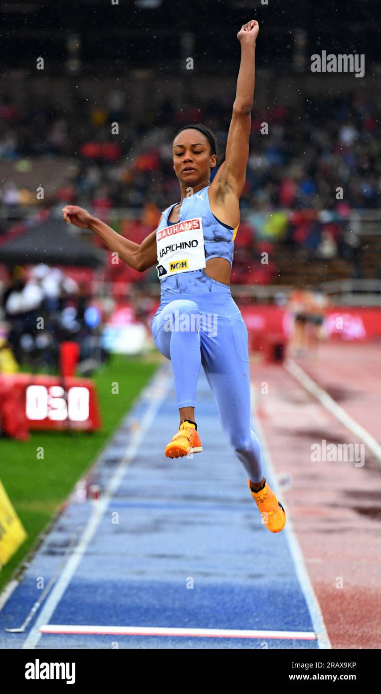 Larissa Iapichino (ITA) gewinnt den Weitsprung der Frauen mit 21-11 1/2 (6,69 m) während des BAUHAUS-Galans am Sonntag, den 2. Juli 2023 in Stockholm. Schweden. (Jiro Mochizuki/Bild des Sports) Stockfoto