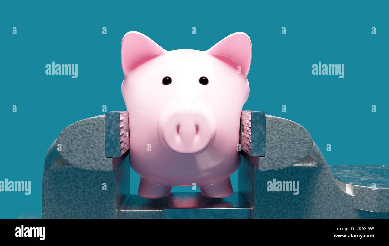 Die verzerrte pinkfarbene Sparschweinbank, die in einen Schraubstock gepresst ist und für finanzielle Belastung und Schulden steht. Mit blauem Hintergrund Stockfoto