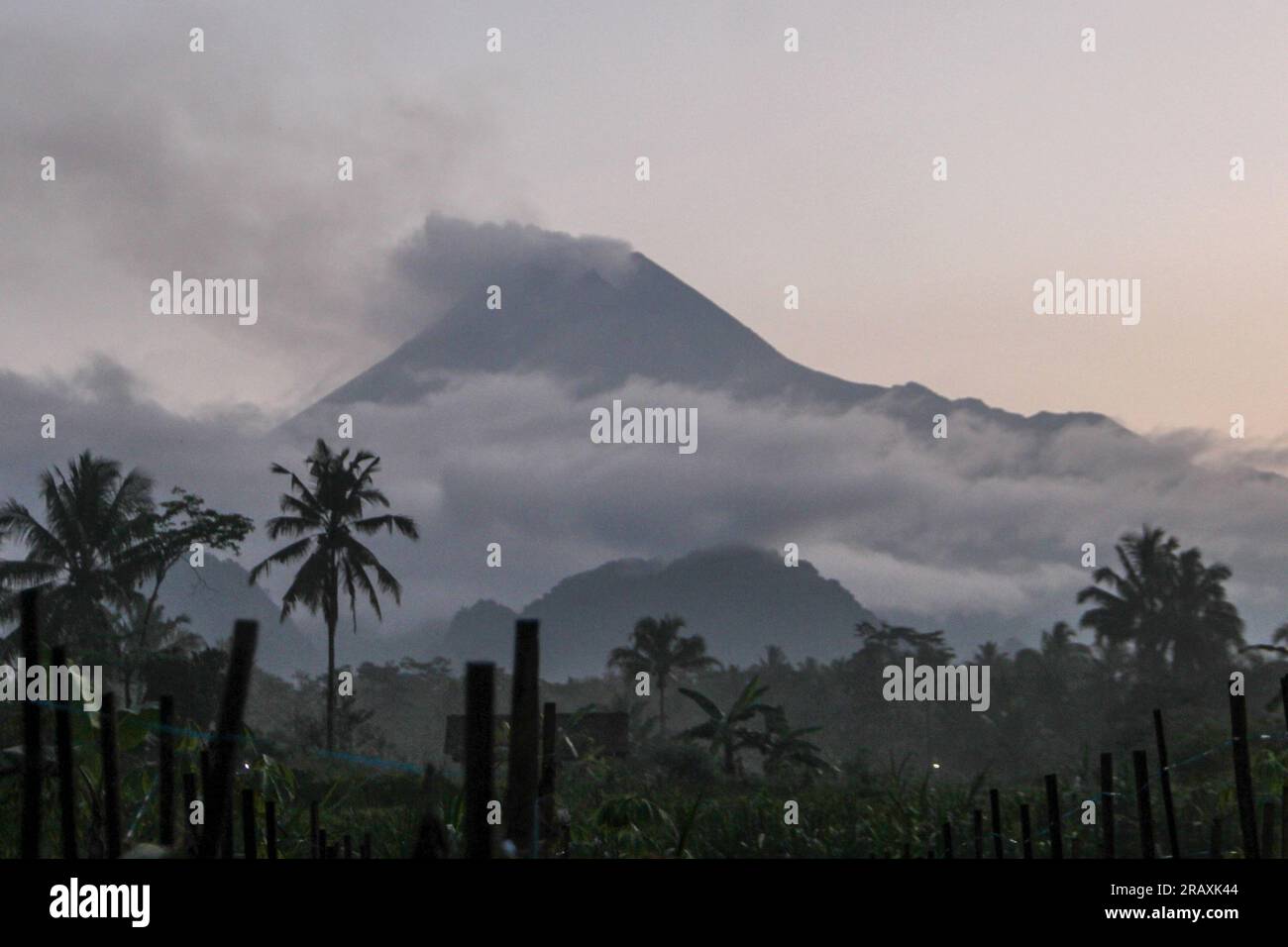 Sleman, Yogyakarta, Indonesien. 6. Juli 2023. Der Berg Merapi ist wie Sleman, Yogyakarta, Indonesien, am Donnerstag, den 6. Juli 2023, zu sehen, der weiße Wolken auf seinem Gipfel emittiert. Am 5. Juli 2023 gab der Berg Merapi nachts heiße Wolken mit einer gleitenden Distanz von 2.700 Metern zum Südwesten oder Bebeng River und einer maximalen Amplitude von 60 mm und einer Dauer von 254,24 Sekunden aus und führte in einigen Gebieten zu leichtem Ascheregen. (Kreditbild: © Antonius Jagad SR/ZUMA Press Wire) NUR REDAKTIONELLE VERWENDUNG! Nicht für den kommerziellen GEBRAUCH! Stockfoto