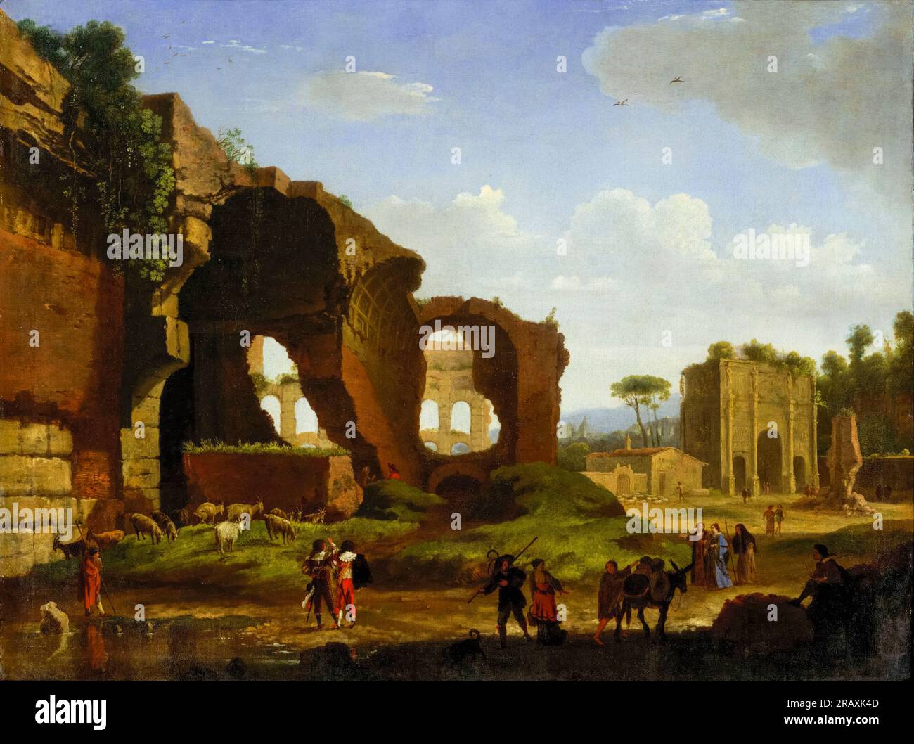 Herman van Swanevelt, ein römischer Blick auf die Ruinen des Tempels der Venus und Roms mit dem Kolosseum und dem Konstantinsbogen, Ölgemälde auf Leinwand, 1634 Stockfoto