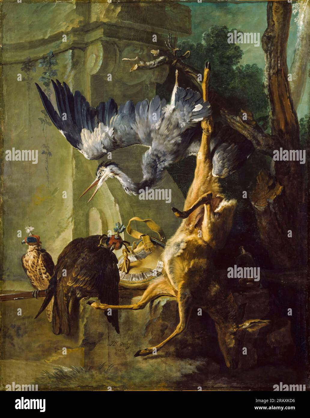 Jean Baptiste Oudry, der Sack: Ein totes Reh, zwei Falken und ein Reiher, Stillleben in Öl auf Leinwand, 1721 Stockfoto