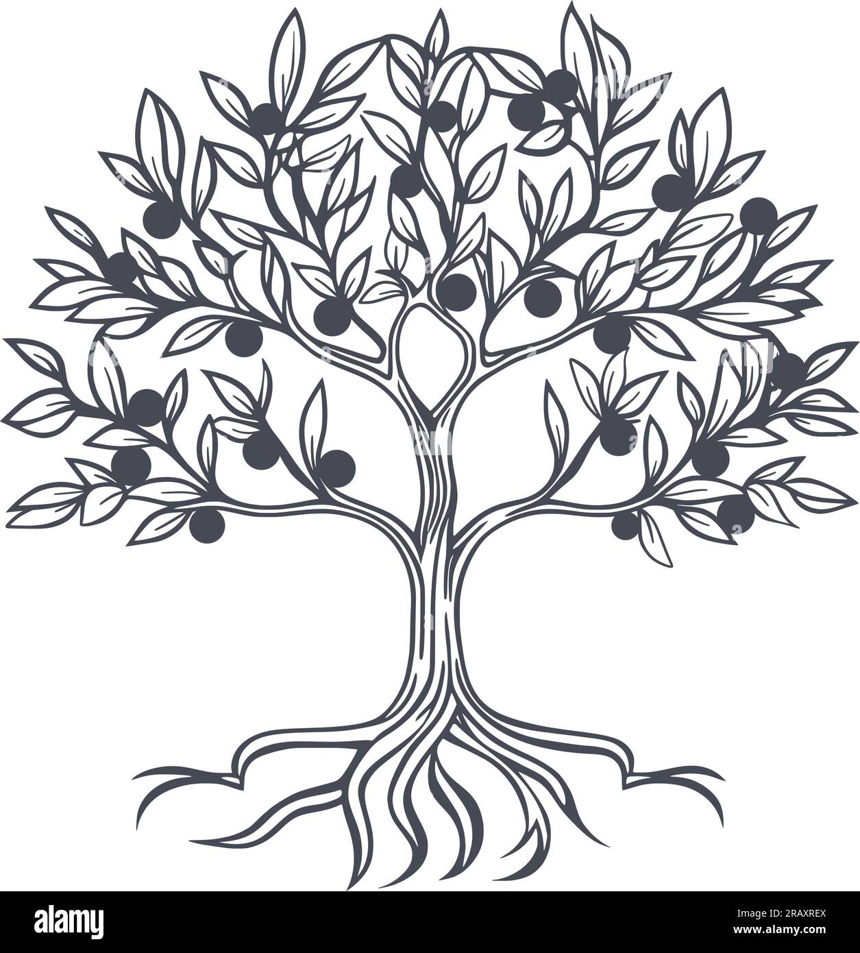 Apfelbaum mit handgraviertem Obst. Reife Äpfel auf dem Baum mit einer Zeichnung aus Laubfarbe. Einfache Obstbaumsilhouette, isolierte Vektordarstellung Stock Vektor