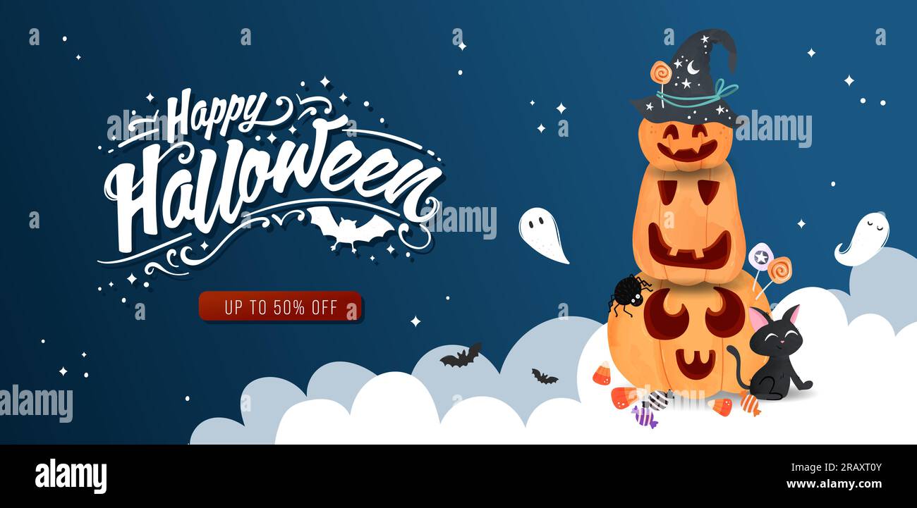 Von Hand gezeichnetes halloween-Kürbis-Banner, süßer Kürbis-Hintergrund, ideal für Werbung, Tapeten, Textilien, Karten - Vektordesign Stock Vektor