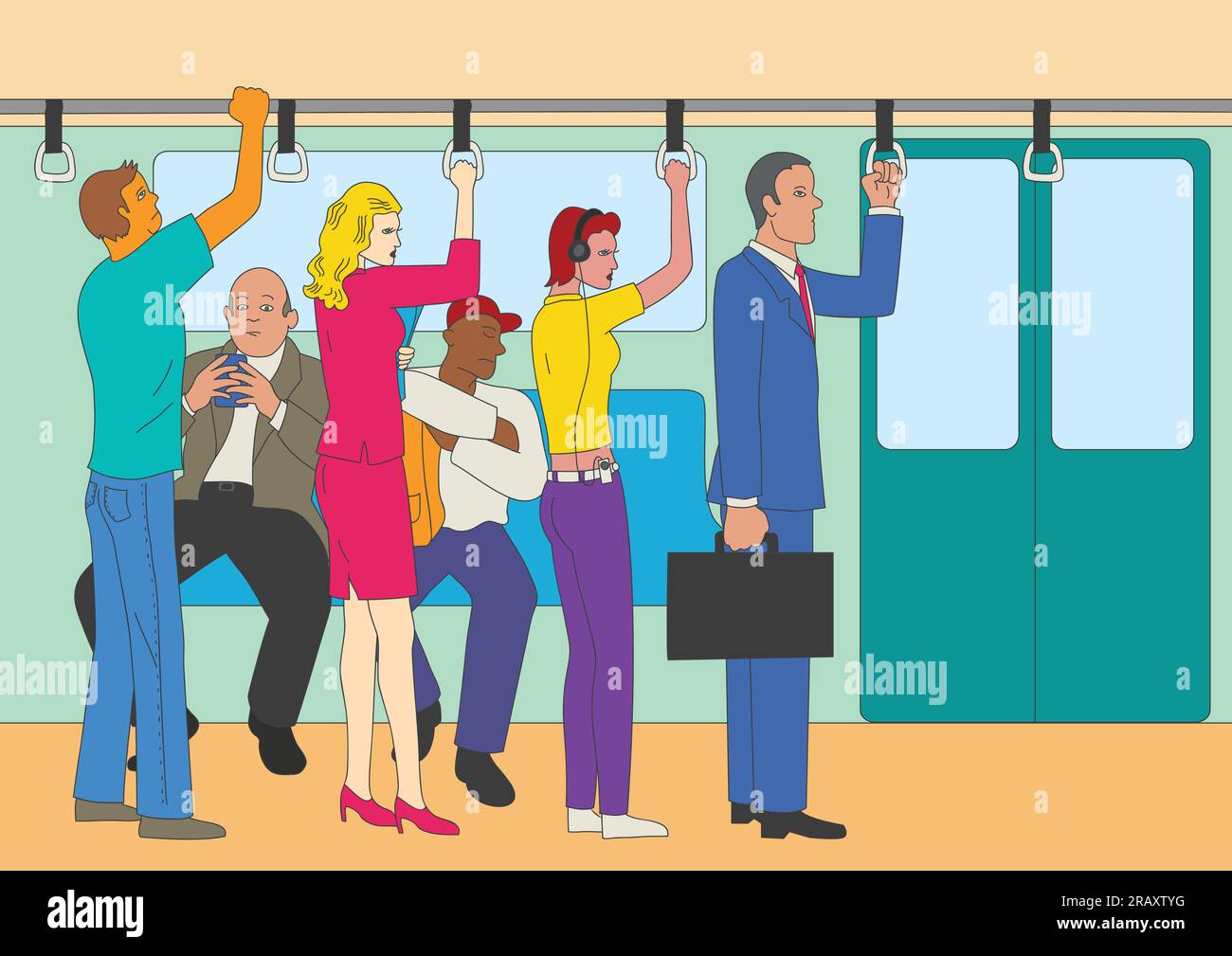 Naive Kunst oder Cartoon-Illustration von Menschen stehen und sitzen im Zug, Pendler Linie Thema Stock Vektor