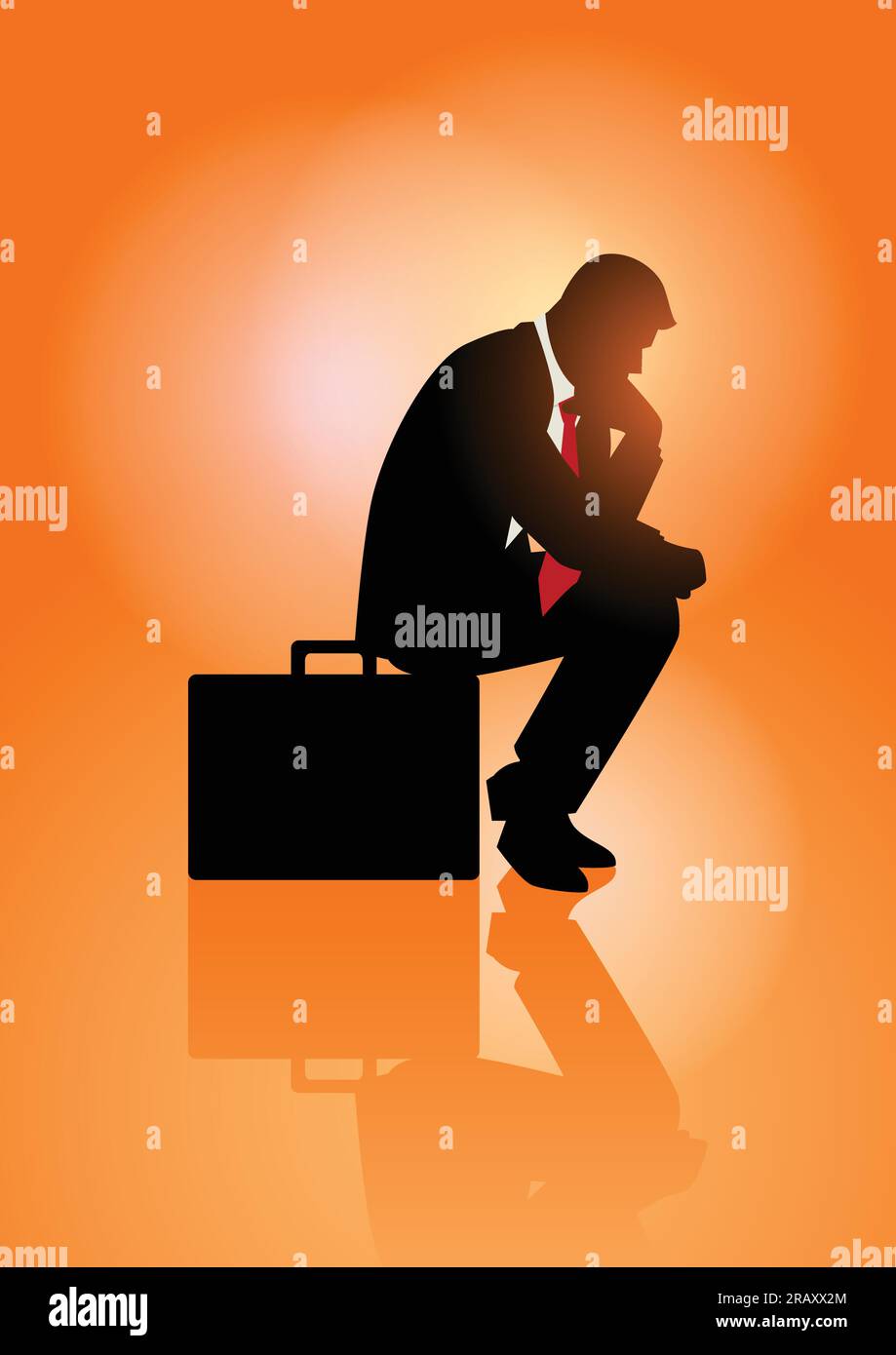 Silhouette Illustration des nachdenklichen Geschäftsmann sitzt auf seiner Aktentasche Stock Vektor