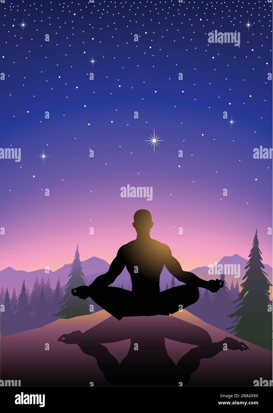 Illustration eines Mannes, der auf dem Berg meditiert Stock Vektor