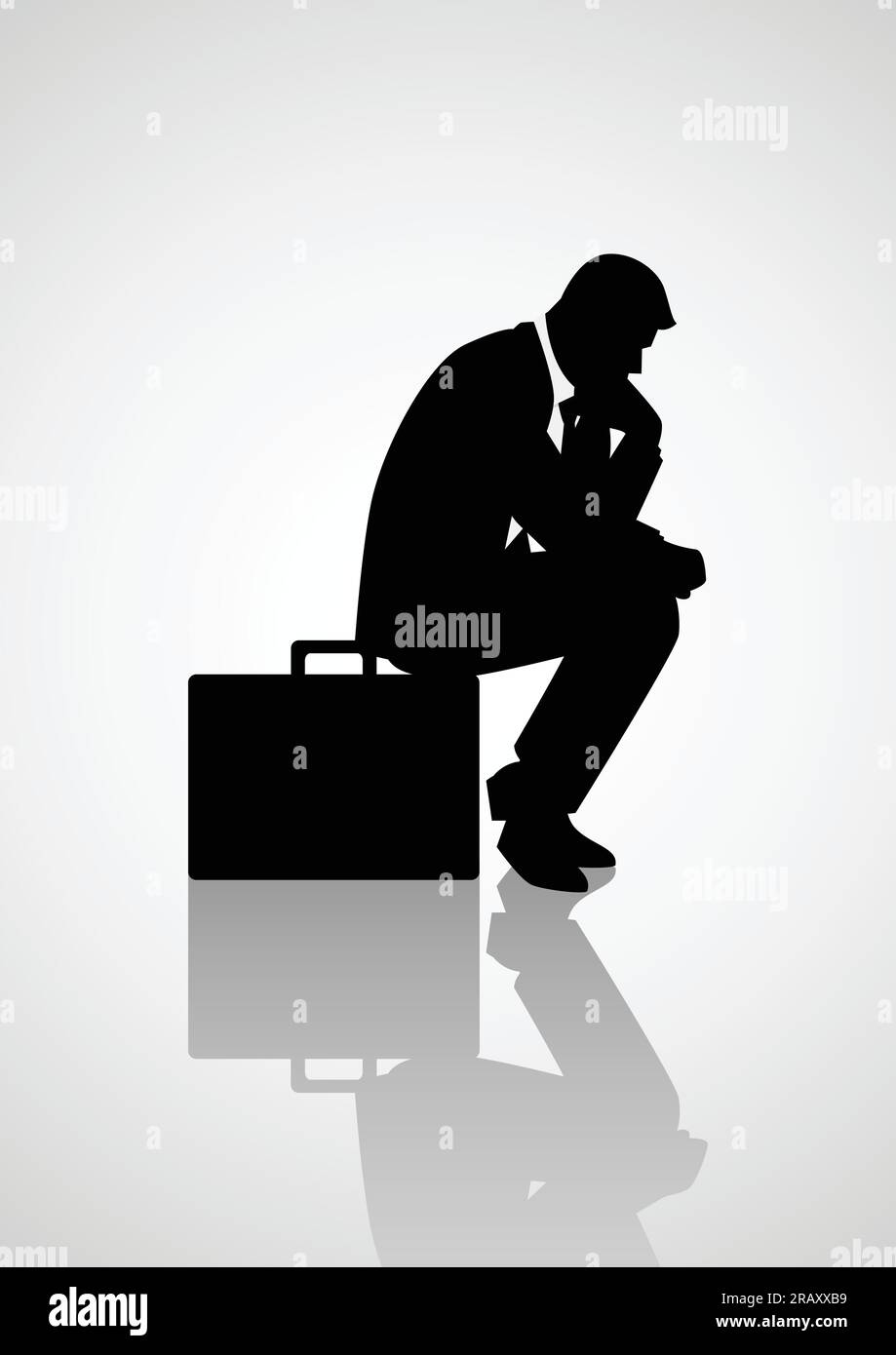 Silhouette Illustration von nachdenklichen Geschäftsmann sitzt auf seiner Aktentasche, denken, Denker Konzept Stock Vektor