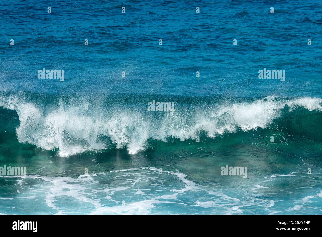 Vorderansicht einer aufprallenden Welle. Blaues, klares Wasser spritzt, Ozeanhintergrund. Stockfoto
