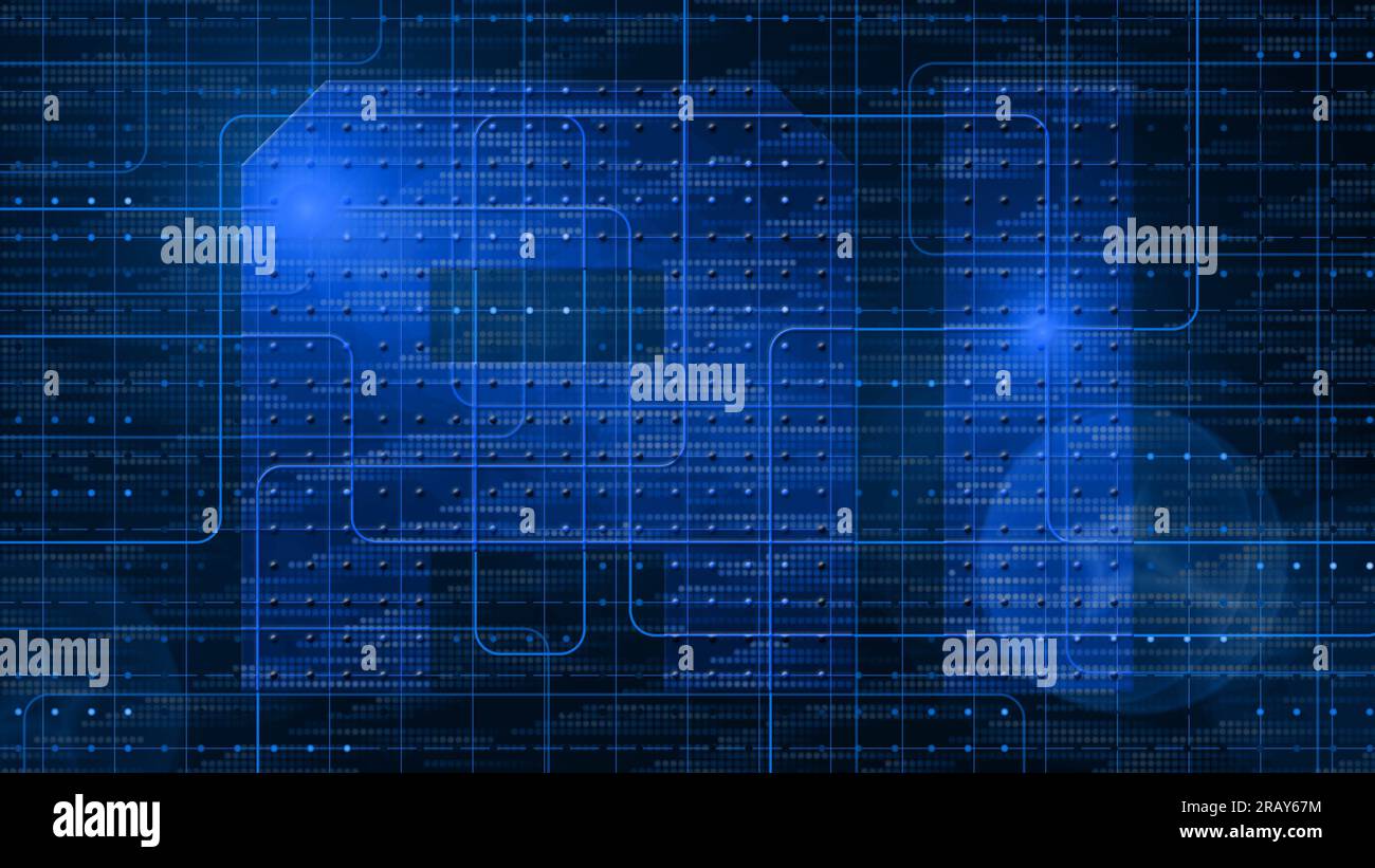 AI-Beschriftung in der Mitte verschiedener Grafikelemente auf blauem digitalem Hintergrund - Konzept der künstlichen Intelligenz -3D Abbildung Stockfoto