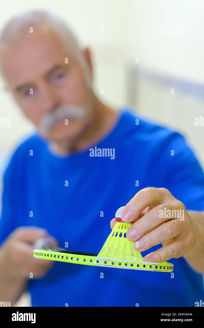 Nahaufnahme eines Senioren und Badmintons Stockfoto