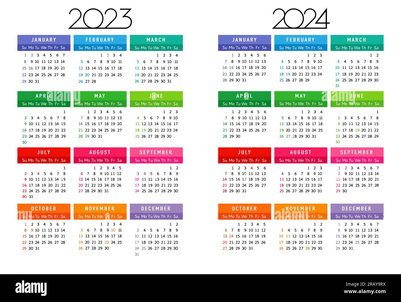 Kalender 2023 - 2024 Jahr, bearbeitbare Vorlage Wochenbeginn sonntag, farbige quadratische Monate. Vorlagendesign für Geschäftszeitplan oder Terminkalender. Vektor Stock Vektor