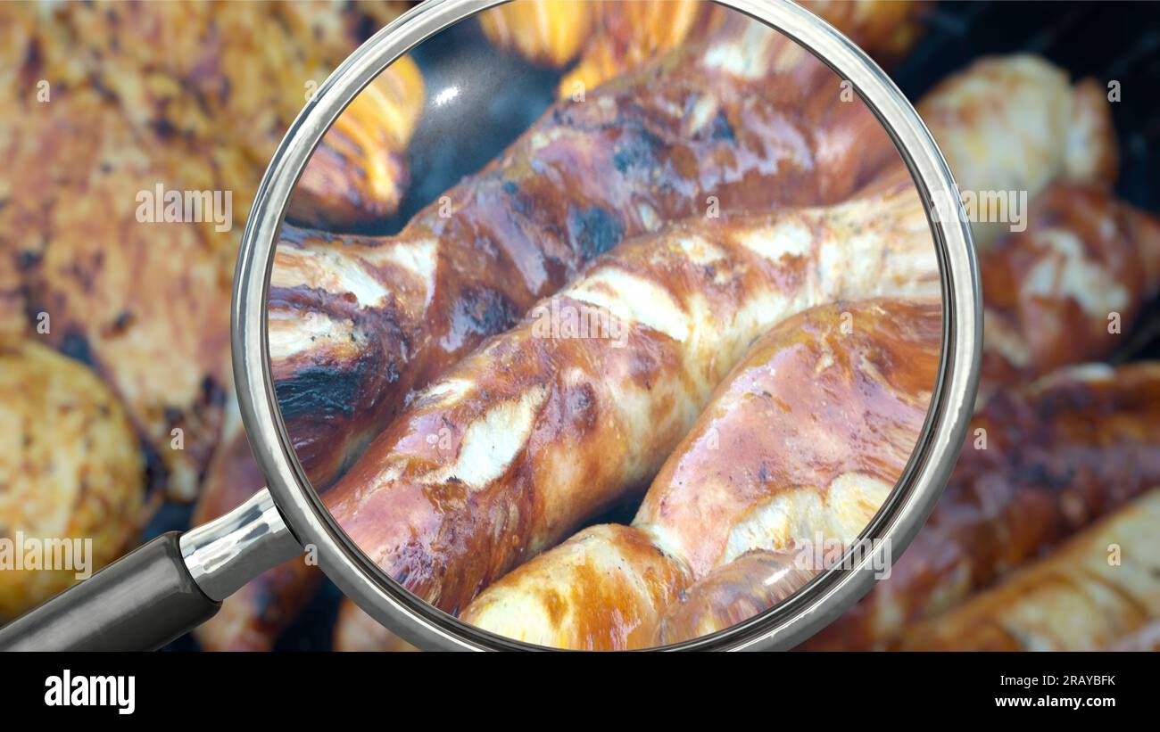 Bratwurst und anderes gegrilltes Fleisch auf dem Grill prüfen Stockfoto