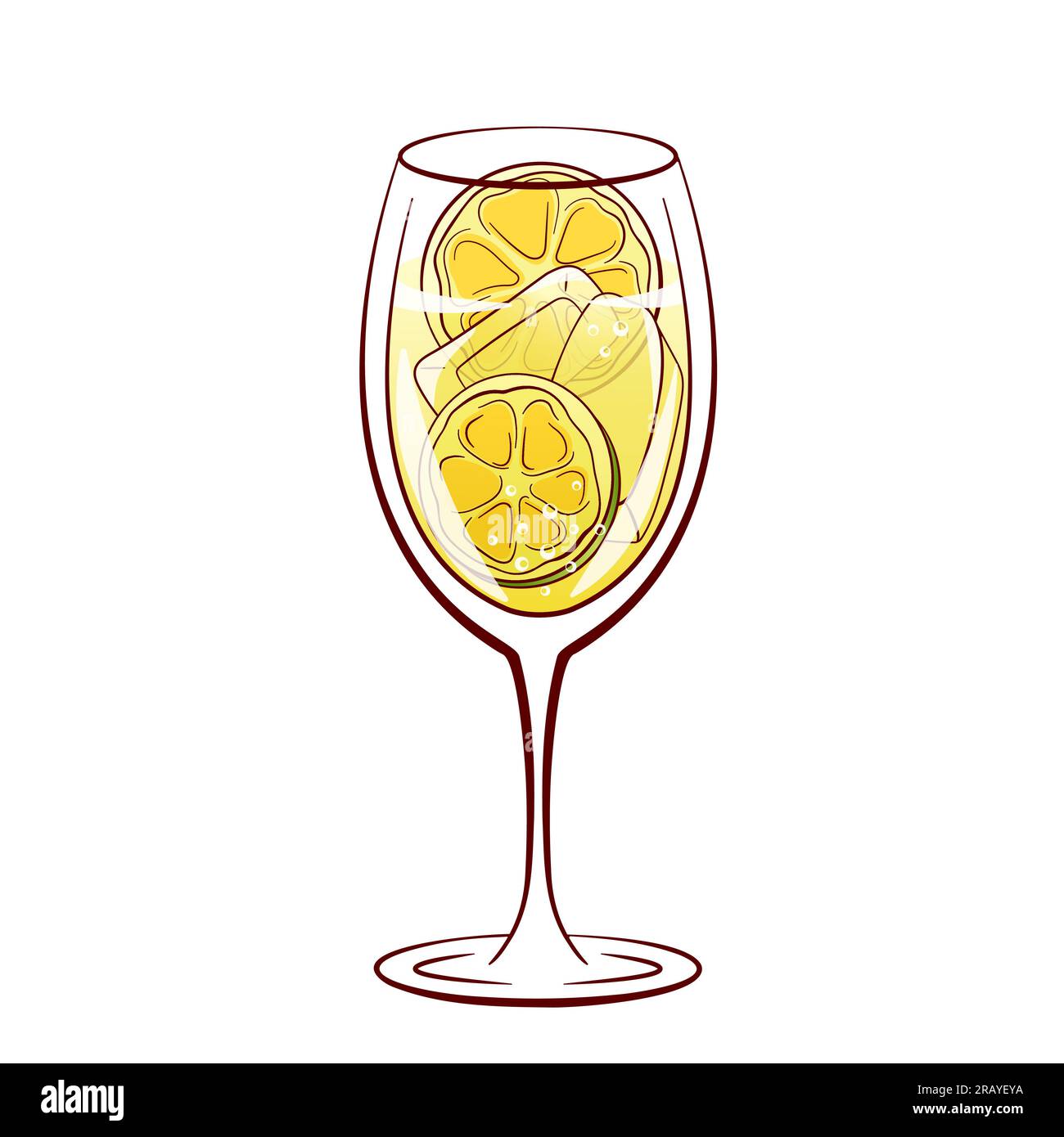Hugo Spritz Cocktail mit Limettenscheiben und Eiswürfeln im Art-Cartoon-Stil. Sommer italienisches alkoholisches Getränk mit Likör, Prosecco und Sprudel Limonade Stock Vektor