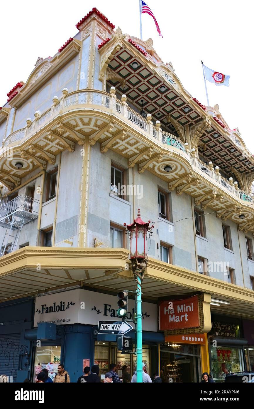 Chinesische Wohltätigkeitsorganisation gegründet von 3 Familien Soo Yuen Benevolent Association Gebäude gebaut 1886 Grant Avenue San Francisco Kalifornien USA Stockfoto