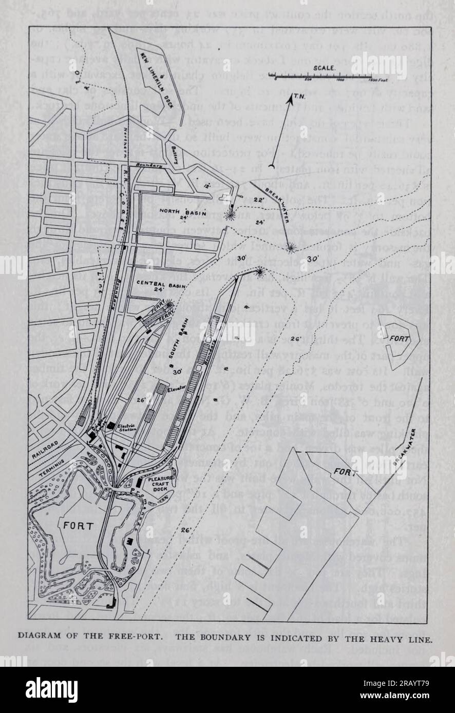DIAGRAMM DES FREIEN PORTS. DIE GRENZE WIRD DURCH DIE SCHWERE LINIE AUS DEM ARTIKEL „FREIHAFEN VON KOPENHAGEN“ GEKENNZEICHNET. Von P. Vedel vom Engineering Magazine ÜBER DEN INDUSTRIELLEN FORTSCHRITT Band X Oktober 1896 NEW YORK The Engineering Magazine Co Stockfoto