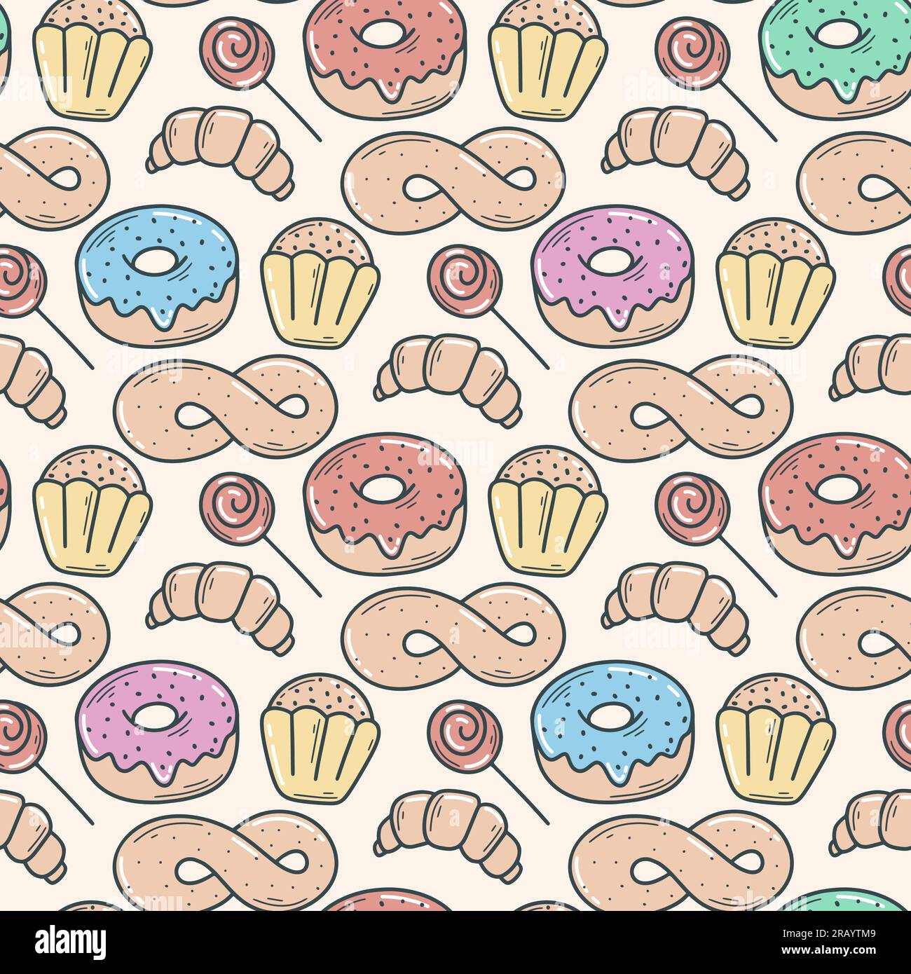 Donuts, Muffins und Brötchen, nahtloses Muster. Süßes Street Food im Retro-Stil. Mehlprodukte werden für Verpackungen, Süßwaren, Cafés und Produkte gedruckt Stock Vektor