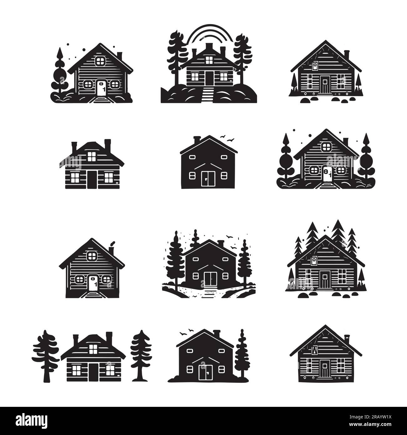 Eine Reihe von Vektordarstellungen für Holzhütten und Tannenbäume. Maskuline Outdoor-Reise im nordischen Linocut-Chalet in skandinavischer Urlaubsgruppe Stock Vektor