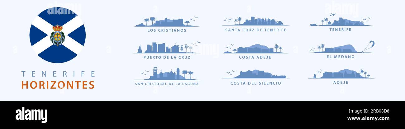 Skylines von Teneriffa Island, Silhouetten von Santa Cruz, Costa Adeje, Costa Del Silencio, San Cristobal, Puerto De La Cruz, El Medano, Los Cristianos. Stock Vektor