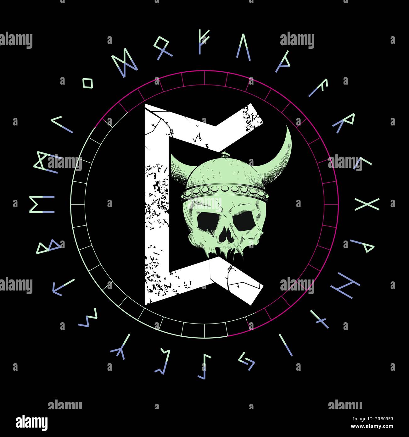 Design für ein T-Shirt mit runischem Schriftzug namens Perth neben einem wikinger-Schädel isoliert auf Schwarz. Rundes Alphabet in rundem Design. Stock Vektor