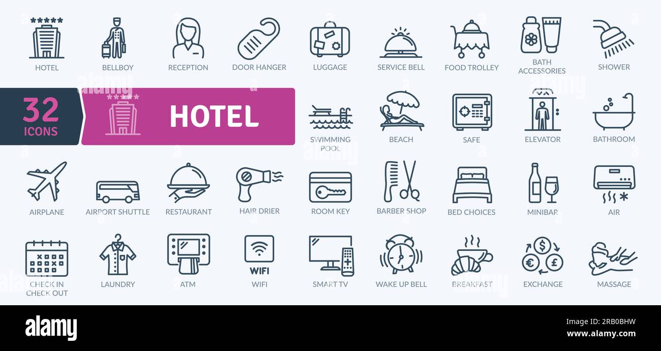 Hotel- und Unterbringungsservices Icons Pack. Symbole für dünne Linien festgelegt. Einfache Vektorsymbole Stock Vektor
