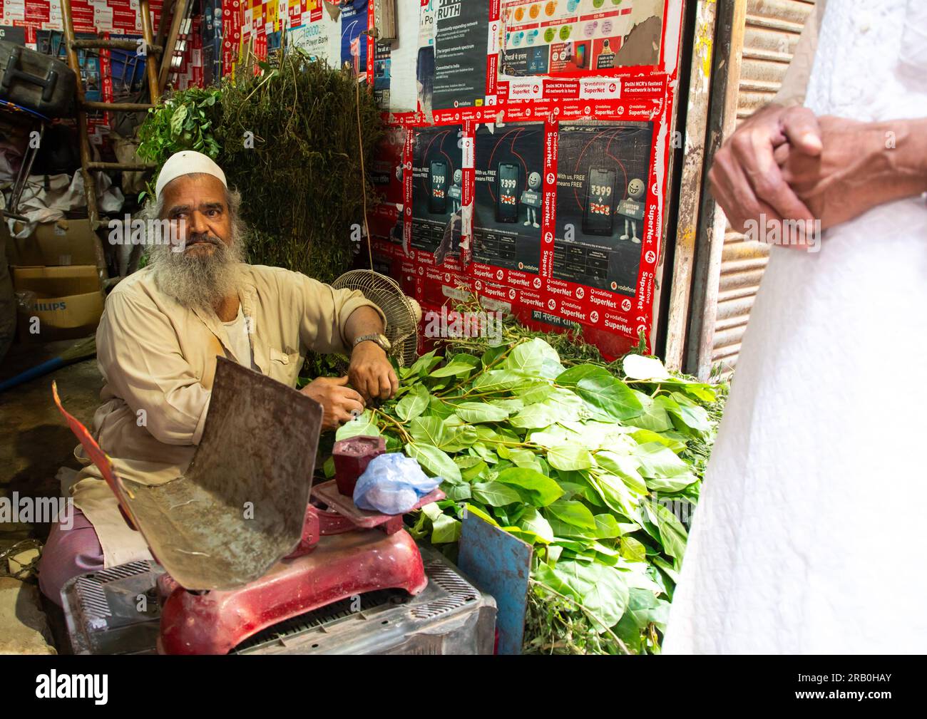 Mulsim-Mann, der Betelnuss in Alt-Delhi, Delhi, Neu-Delhi, Indien verkauft Stockfoto