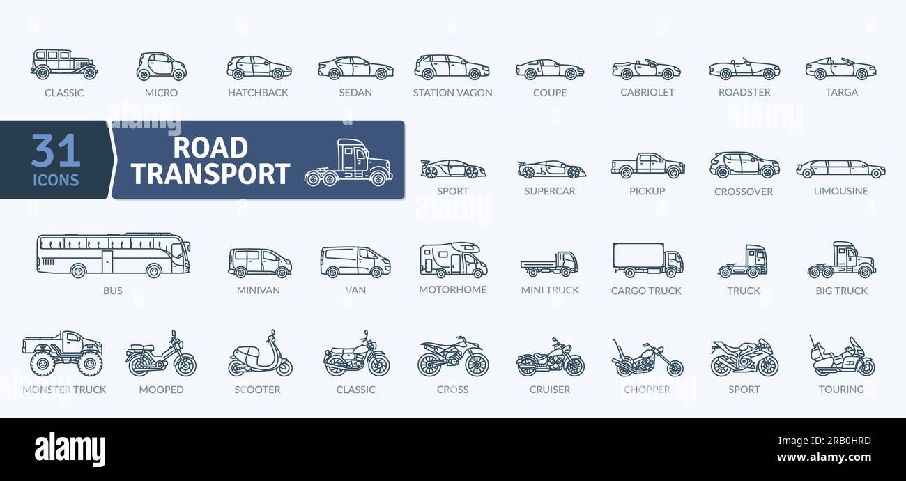 Icons-Paket Für Straßenfahrzeuge. Symbole für dünne Linien festgelegt. Einfache Vektorsymbole Stock Vektor