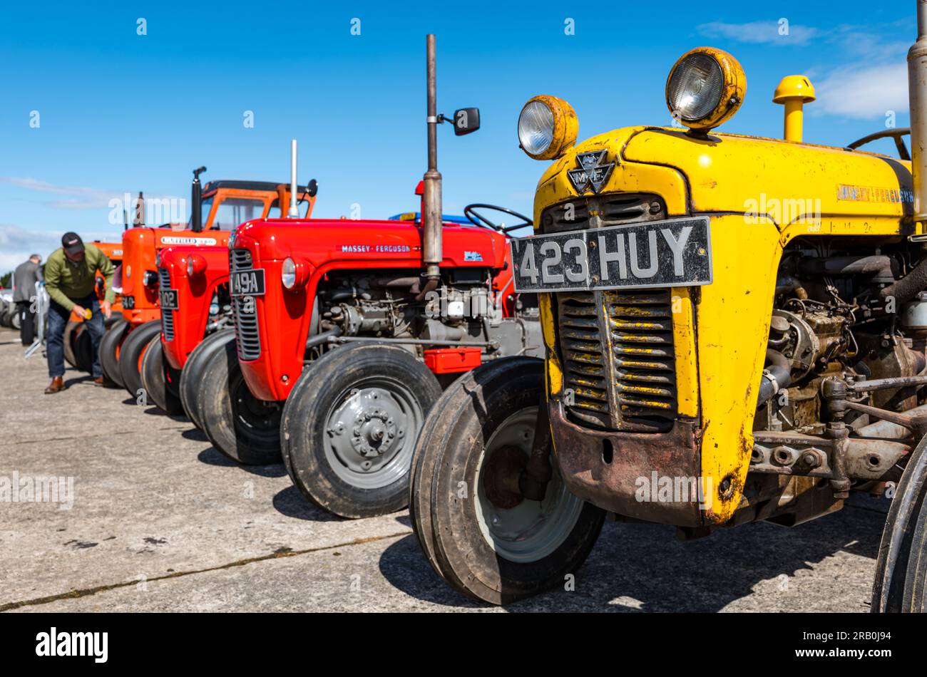 Farbenfrohe Oldtimer-Traktoren auf der Haddington Agricultural Show, East Lothian, Schottland, Großbritannien Stockfoto